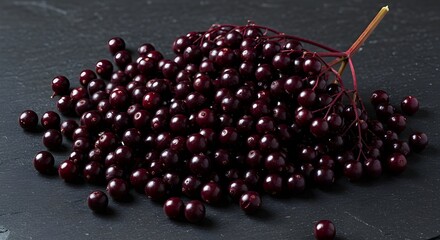 Fresh Elderberries Scattered on Dark Slate Surface: Rich Purple Color and Natural Texture Highlight the Beauty of Wild Berries in a Modern, Artistic Food Photography Still Life