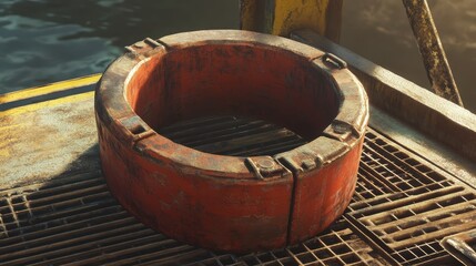 Naklejka premium Bright Orange Safety Ring with Rust and Plate in Industrial Setting