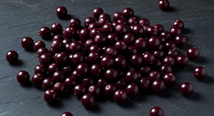Fresh Elderberries Scattered on Dark Slate Surface: Rich Purple Color and Natural Texture Highlight the Beauty of Wild Berries in a Modern, Artistic Food Photography Still Life