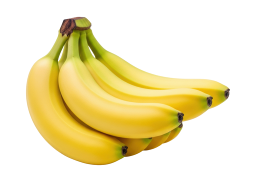 A cluster of ripe, vibrant yellow bananas with light green stems and dark tips on a plain, transparent background with bright studio lighting, no shadows, Concept for fresh fruit and healthy eating