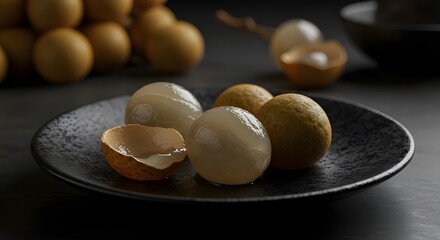Ripe Longan with Translucent Flesh on Black Ceramic Plate: Moody Still Life Emphasizing Exotic Fruit’s Delicate Texture, Subtle Shine, and Elegant Presentation in Artistic Food Photography