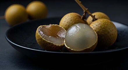 Ripe Longan with Translucent Flesh on Black Ceramic Plate: Moody Still Life Emphasizing Exotic Fruit’s Delicate Texture, Subtle Shine, and Elegant Presentation in Artistic Food Photography