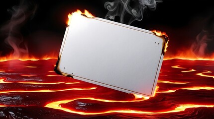 A white business card with a subtle sheen and crisp edges is suspended in mid-air, floating above a sea of molten lava with waves of fiery red and orange hues.