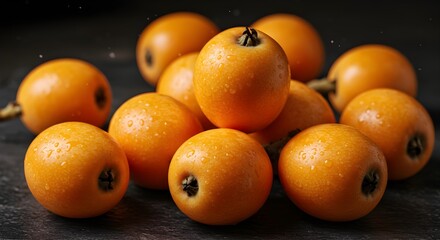 Fresh Loquats Arranged on Dark Textured Background: Warm Orange Tones and Soft Lighting Create an Inviting, Artistic Still Life Highlighting the Natural Beauty of Exotic Fruit