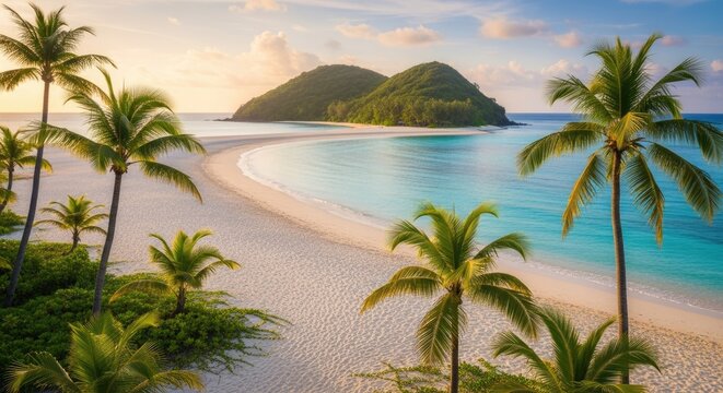 Stunning tropical paradise beach with turquoise waters, white sand, lush green hills, and palm trees at golden hour. - Powered by Adobe