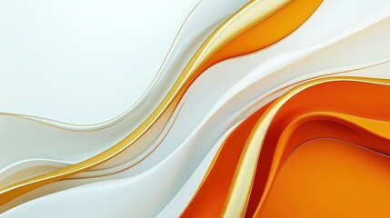 A fluid abstract composition with smooth, flowing curves of orange, white, and gold against a light background. 
