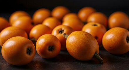 Fresh Loquats Arranged on Dark Textured Background: Warm Orange Tones and Soft Lighting Create an Inviting, Artistic Still Life Highlighting the Natural Beauty of Exotic Fruit