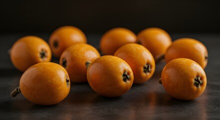 Fresh Loquats Arranged on Dark Textured Background: Warm Orange Tones and Soft Lighting Create an Inviting, Artistic Still Life Highlighting the Natural Beauty of Exotic Fruit