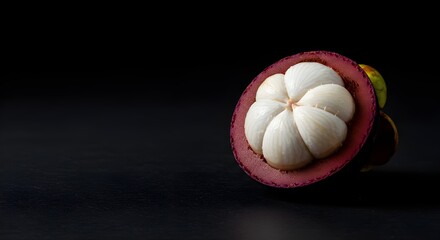 Halved Mangosteen with White Segments on Matte Black Surface: Striking Contrast and Elegant Minimalism Highlighting Exotic Fruit’s Unique Texture in Modern Food Photography