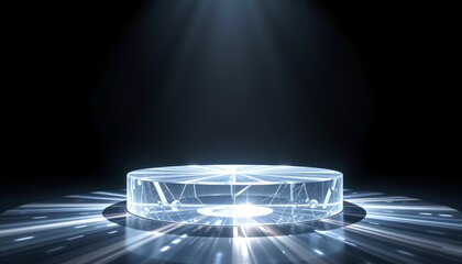 a futuristic, illuminated stage, ready for display or presentation, with a spotlight from above. The circular platform is detailed with glowing lines, radiating a sense of technological elegance