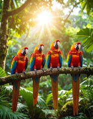 Colorful parrots in a lush jungle