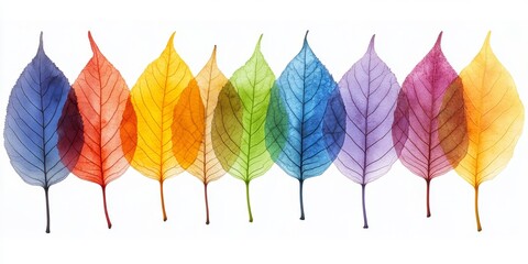Sequential row of leaves in cool blues, warm reds, and golden yellows, capturing seasonal diversity and symmetry.
