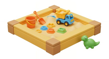 Small wooden sandbox with childrens toys