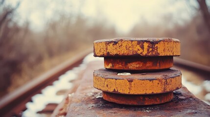 Rusty Railway Fasteners on Abandoned Railroad Tracks in Nature
