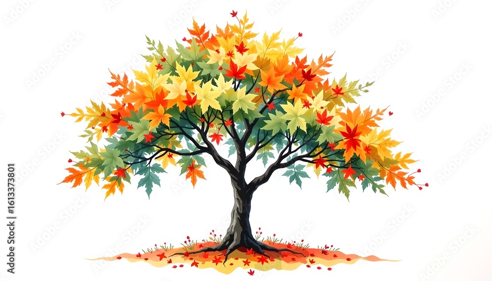 Poster an autumn tree with vibrant leaves and a strong trunk, set against a clean backdrop, creating a visu