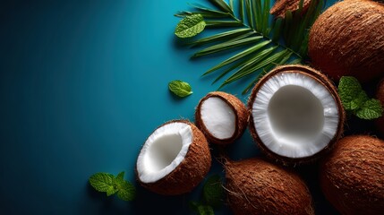 Fresh coconuts on blue blurred background