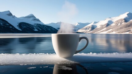Blank white coffee cup is placed on the icy edge of a vast frozen lake, its surface adorned with a subtle sheen of frost, against the breathtaking backdrop of snow-covered mountains.