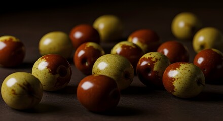 Glossy Fresh Jujubes Scattered on Dark Brown Background: Moody Still Life Showcasing Shiny Highlights, Rich Color, and Natural Texture in Artistic, Contemporary Fruit Photography