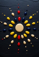Top-Down Paint Sunburst on Dark Slate – Glossy Red, Yellow, Navy, and Beige Splashes in Modern Minimalist Composition