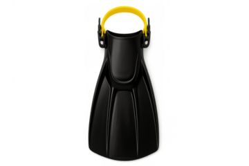 Modern black diving fins with yellow handle isolated on transparent background, perfect for underwater exploration