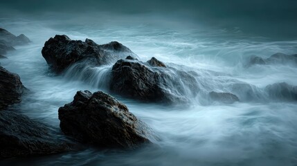 Fototapeta premium Waves crash against dark rocks, creating a misty, dramatic ocean scene in cool tones