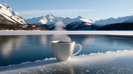 A delicate blank white coffee cup is placed on the icy edge of a vast frozen lake, its surface adorned with a subtle sheen of frost, against the breathtaking backdrop of snow-covered mountains.