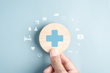 Health insurance and medical welfare concept with plus symbol, access to care, patient benefits, protection, healthcare systems, and support services.