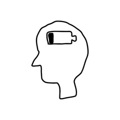 Minimalist line art illustration of human head with low battery sign inside. Conceptual black vector for mental exhaustion, stress, digital fatigue or burnout themes on transparent background.