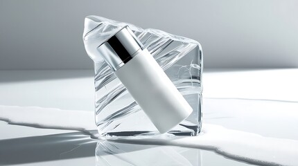 A detailed white cosmetic tube mock-up is frozen inside a crystal-clear block of ice, positioned on a clean and pristine white background, with intricate details of ice.