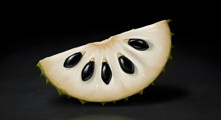 Sliced Soursop with White Flesh and Black Seeds on Dark Table: Exotic Tropical Fruit Display Highlighting Freshness, Unique Texture, and Vibrant Contrast in Modern Food Photography
