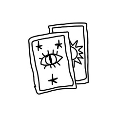 Hand drawn vector of two tarot cards with all-seeing eye and celestial elements in black doodle style. Magical occult aesthetic for witchcore, spiritual content, or dark academia use on transparent