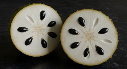 Sliced Soursop with White Flesh and Black Seeds on Dark Table: Exotic Tropical Fruit Display Highlighting Freshness, Unique Texture, and Vibrant Contrast in Modern Food Photography