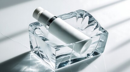 Highly detailed white cosmetic tube mock-up is frozen inside a crystal-clear block of ice, positioned on a clean and pristine white background, with intricate details of ice.