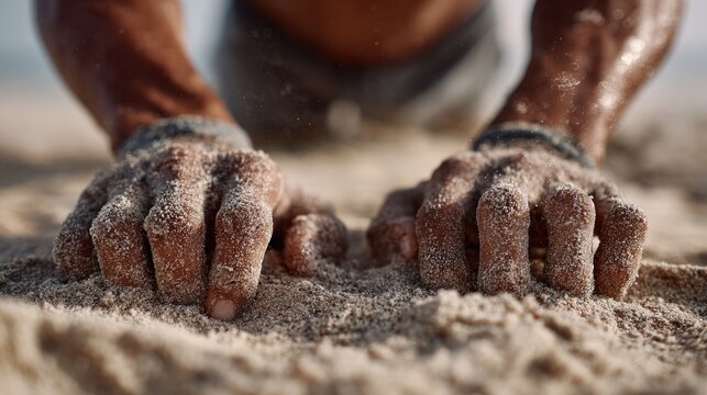 Close-up of hands in sand, strenuous effort
