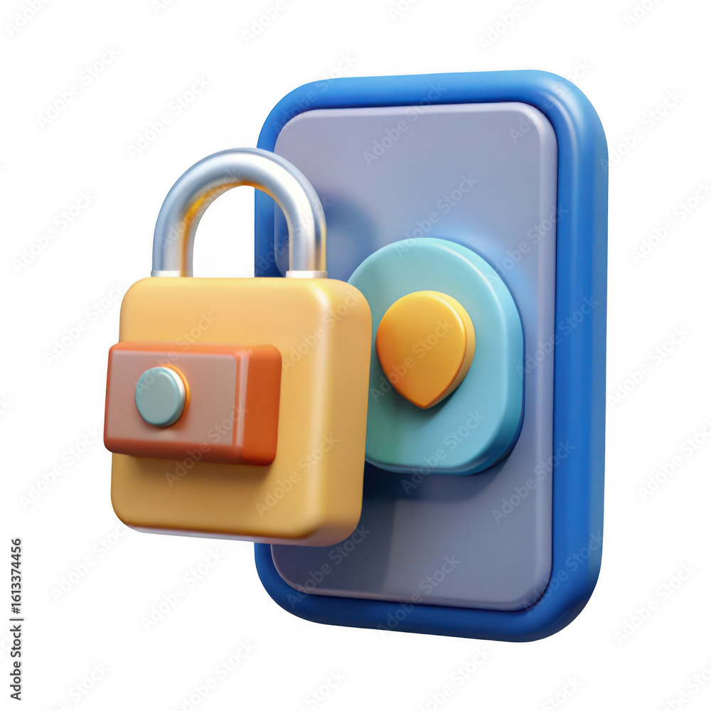 Poster 3d illustration of a padlock securing a smartphone with a heart shaped fingerprint sensor isolated o