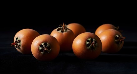 Lush Medlar Fruits on Black Velvet: Moody Still Life with Soft Lighting, Showcasing Freshness and Texture in a Dramatic, Artistic Fruit Arrangement for Elegant Food Photography