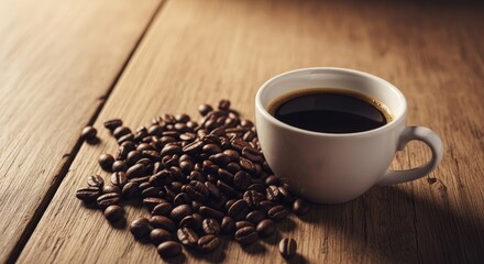 Start your day right with a rich, aromatic cup of coffee and freshly roasted beans on rustic wood.