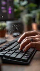 Business technology concept with AI visuals and blurred workspace