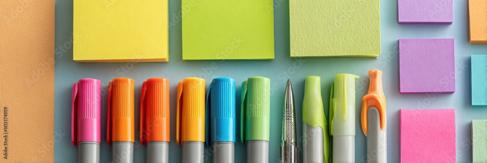 Poster color-coded notes and highlighters arranged for effective study session in a bright workspace
