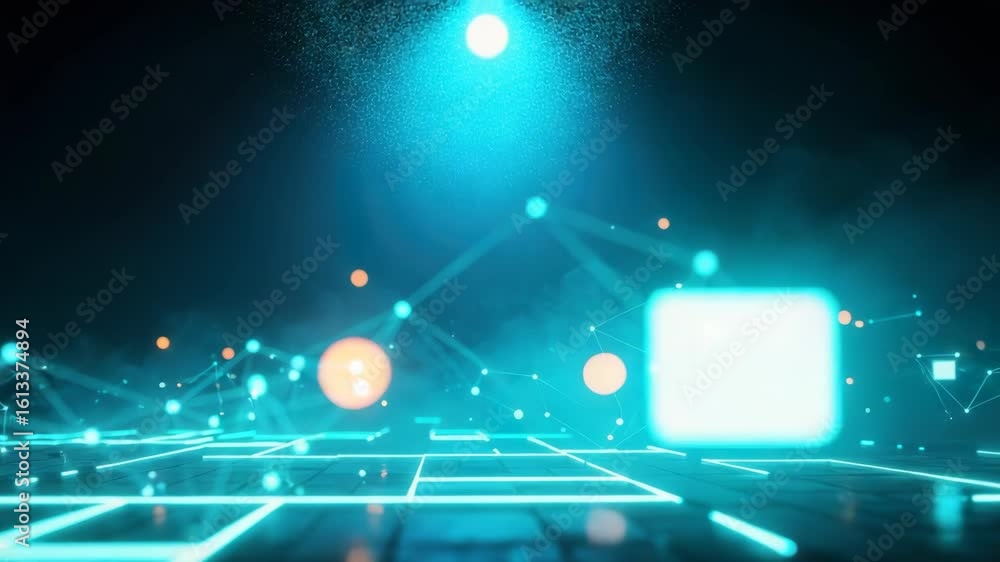 Poster a futuristic digital landscape illuminated by a bright blue light featuring glowing lines and geomet