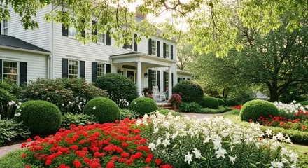 Crédence de cuisine Jardin Stunning white colonial home boasts vibrant red and white flower gardens and lush manicured landscaping under a sunny sky  © PexelAura