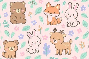 A charming illustration showcases a collection of adorable cartoon animals, including a bear, fox, rabbit, dog, and deer, amidst a whimsical floral and leaf-filled background.