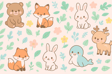 Charming cartoon animal characters are artfully arranged amidst a pastel floral and leaf pattern, creating a whimsical and endearing design for various applications.
