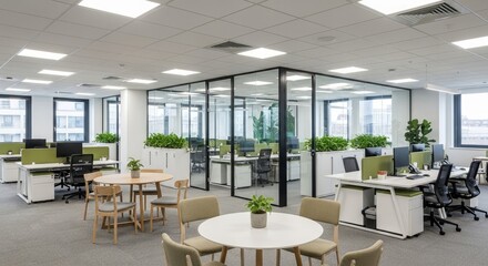 Bright modern office with glass-walled meeting rooms and collaborative workstations, fostering productivity and innovation.