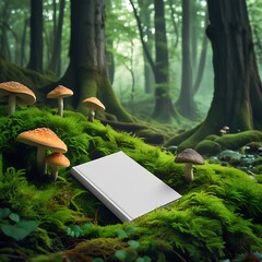 A photo of a blank book cover mock-up lying on a lush bed of vibrant green moss, with Earthy mushrooms of varying shapes and sizes growing beside it, in a deep, misty forest.