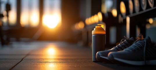 A break after a workout with fitness equipment on a blurry gym background
