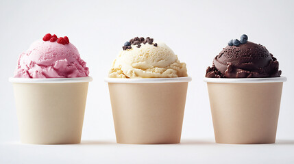 Mockup collection of strawberry vanilla and chocolate soft serve ice cream in blank paper cup packaging templates isolated on a white background