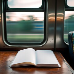 Photo of a blank notebook mock-up with crisp white pages and a subtle texture, opened on a worn wooden table with a warm brown tone, inside a moving train with blurred scenery outside.