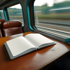 A photo of a blank notebook mock-up with crisp white pages and a subtle texture, opened on a worn wooden table with a warm brown tone, inside a moving train with blurred scenery outside.