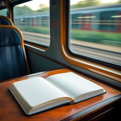 A professional photo of a blank notebook mock-up with crisp white pages and a subtle texture, opened on a worn wooden table with a warm brown tone, inside a moving train with blurred scenery outside.